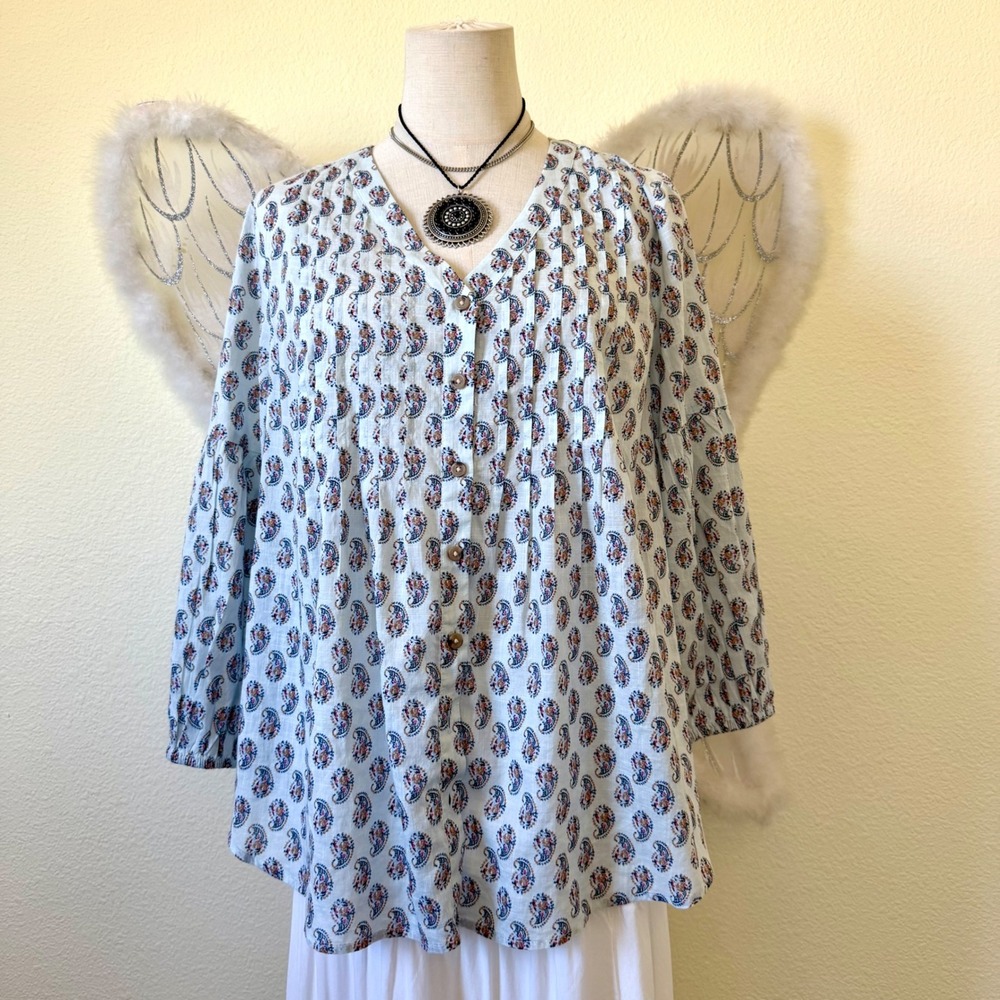 J. Jill Cottagecore Boho Blue Paisley Cotton Button Up Pleated Pintuck Blouse